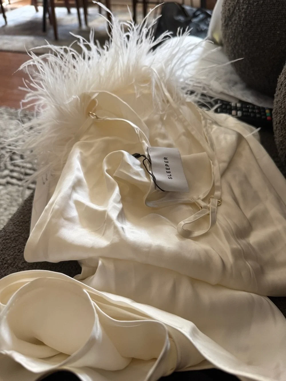 Sleeper NWOT Feather-Trim White Slip Midi Dress. XL. - Picture 2 of 2